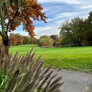 Scenic view of Reston National Golf Course in fall, featuring colorful autumn foliage on trees surrounding the fairways and greens.