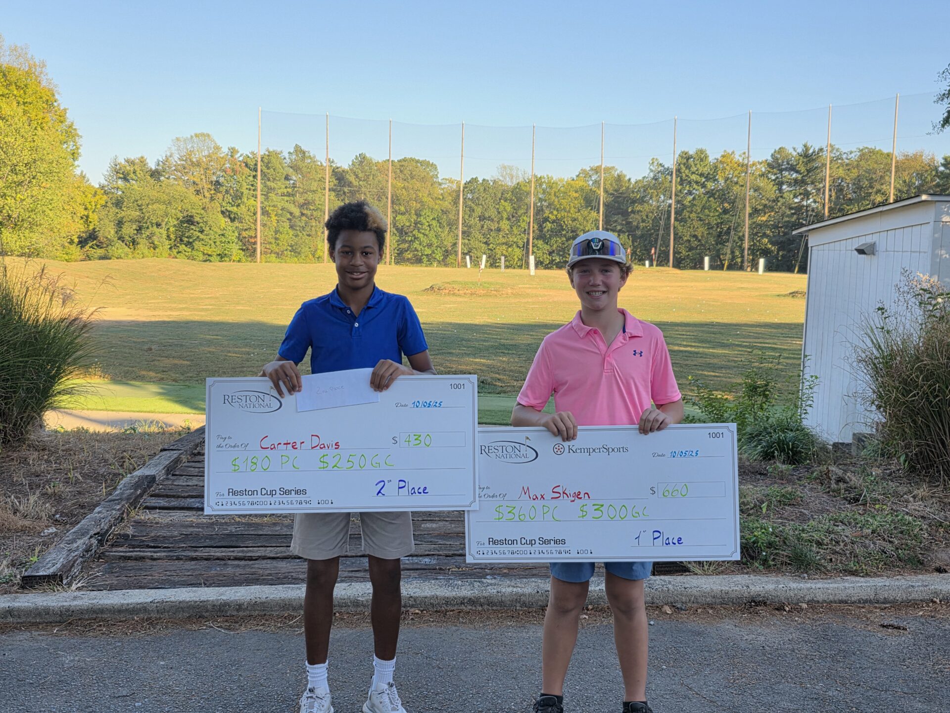 Junior golfers holding up their checks from placing in the Reston Junior Open Championship